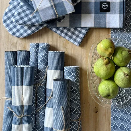 Recyceltes Tischset Ella 2er-Pack, Graublau/Weiß