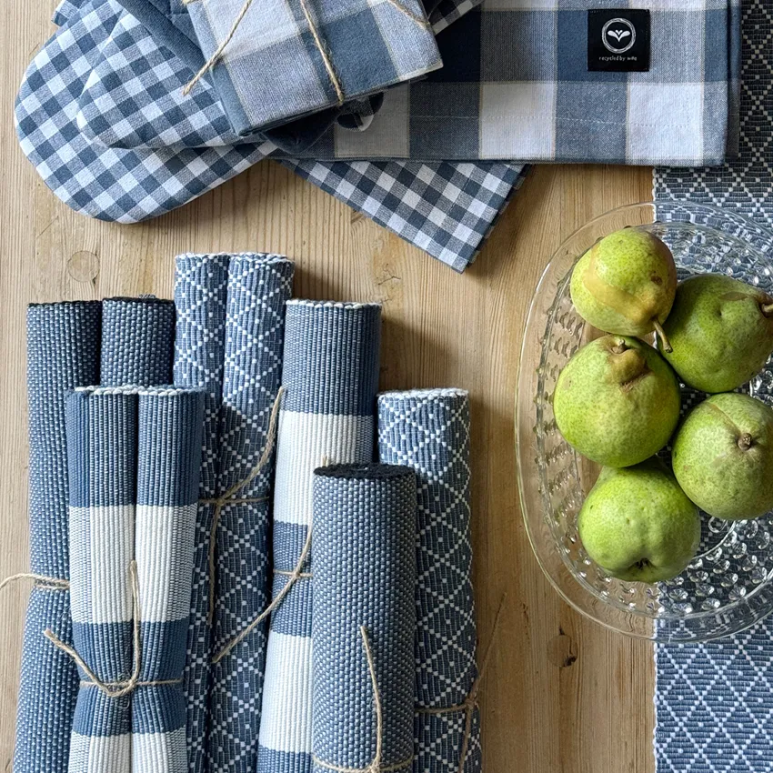 Recycelt Tischläufer Freya, Graublau/Beige