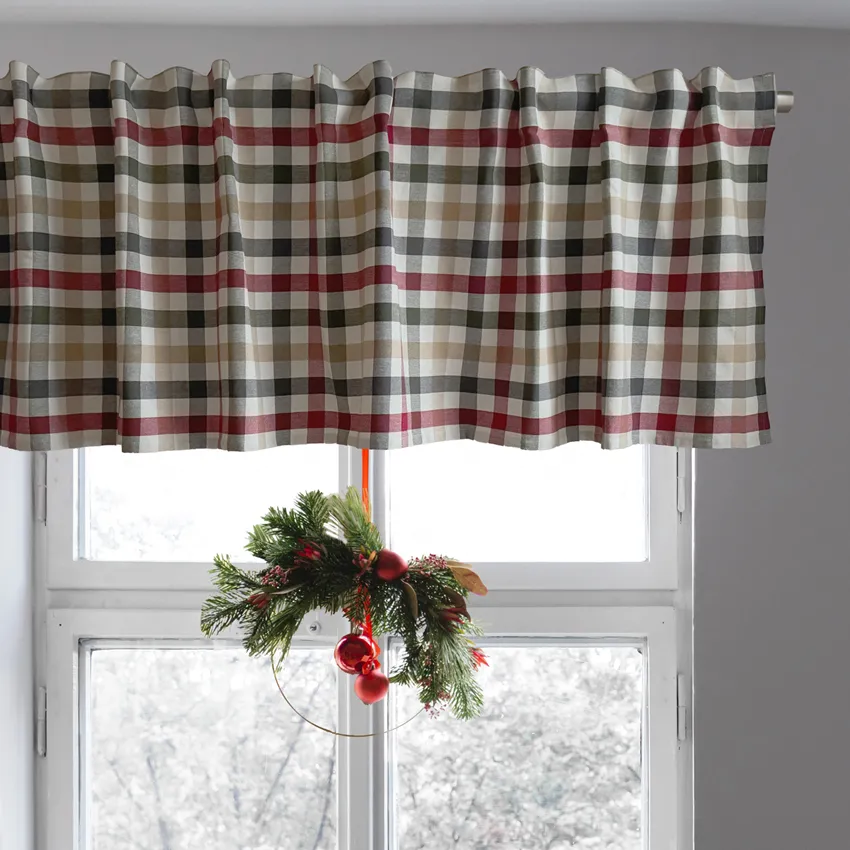 Recycled Curtain Valance Ruth, Dark Red/Olive Green/Dark Grey