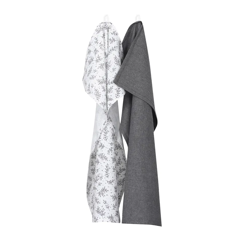 Recycled Tea Towel 2-pack Flora, White/Dark Grey