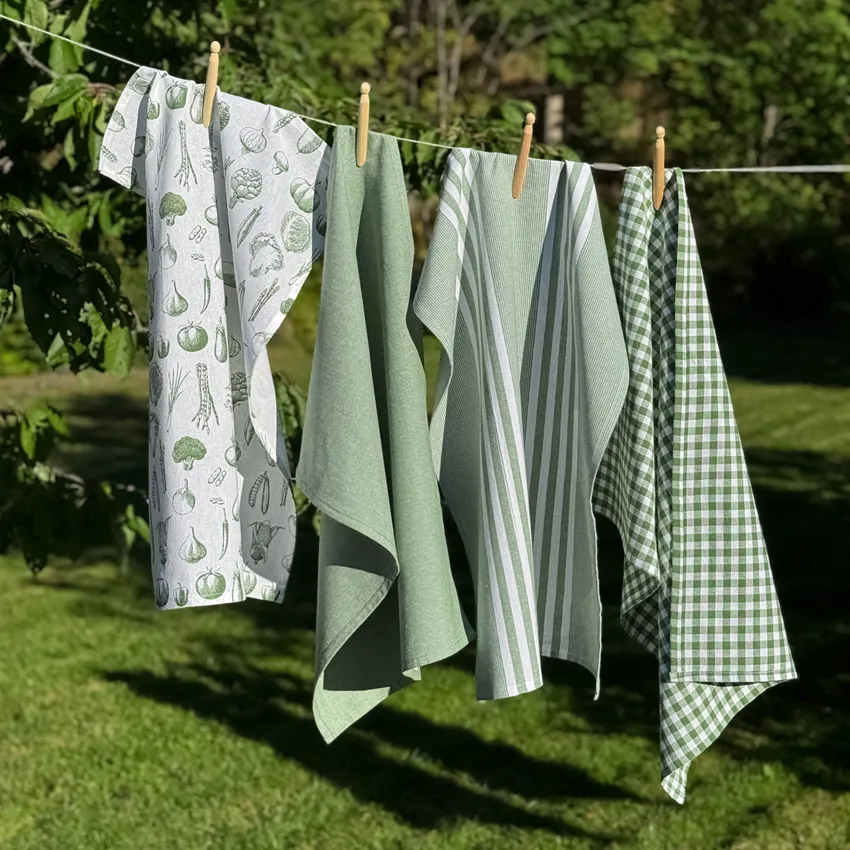 Recycled Tea Towel Recycling Linnea, 4-assorted, White/Green