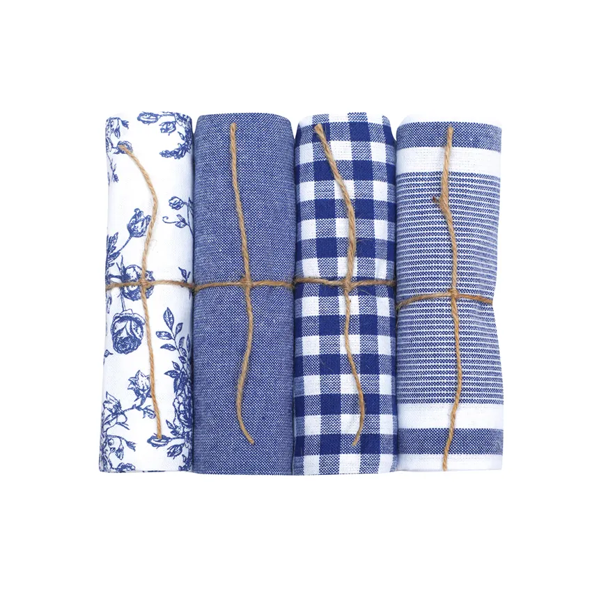 Recycled Kitchen Towel Recycling Linnea, 4-Assorted, White/Blue