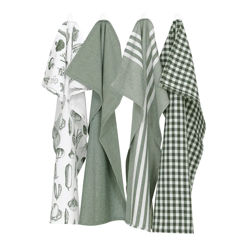 Recycled Kitchen Towel Recycling Linnea, 4-Assorted, White/Olive green