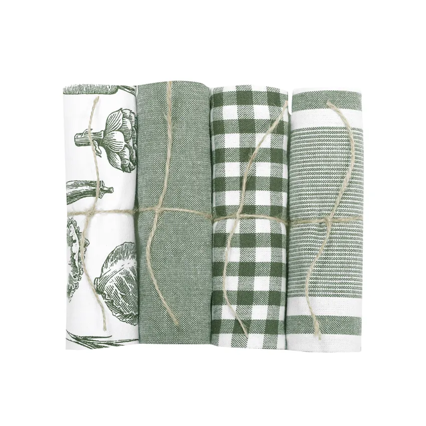 Recycled Kitchen Towel Recycling Linnea, 4-Assorted, White/Olive green