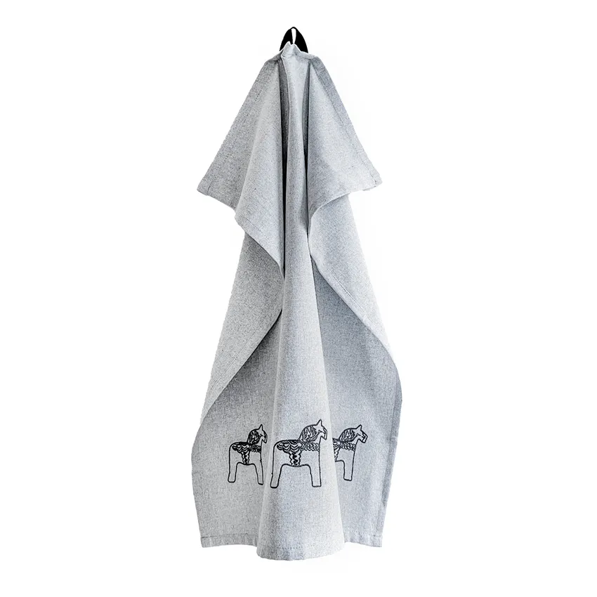 Recycled Tea Towel Sjurberg, Black Embroidery, Grey/White