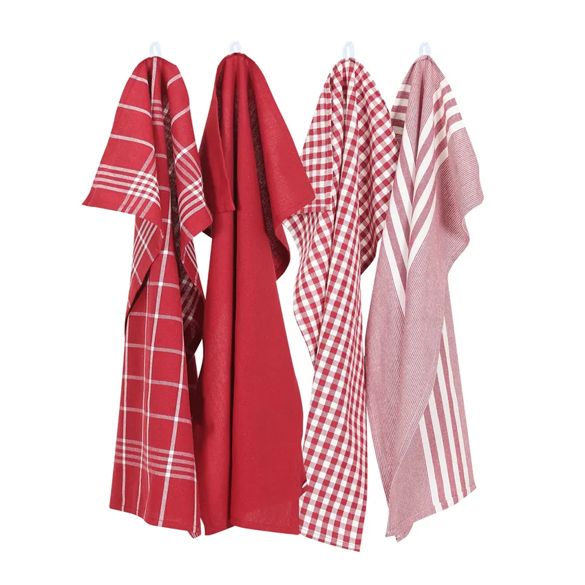 Recycled Tea Towel Recycling, 4-assorted, Dark Red/Beige