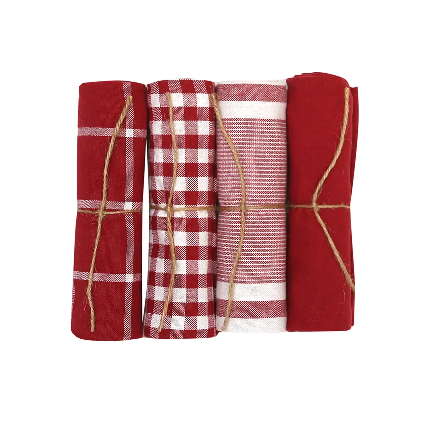 Recycled Tea Towel Recycling, 4-assorted, Dark Red/Beige