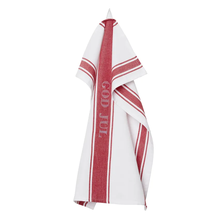 Recycled Tea Towel God Jul, Dark Red/White