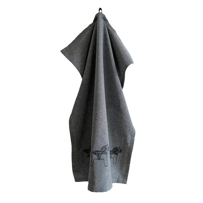Recycled Tea Towel Sjurberg, Black Embroidery, Dark Grey/Grey