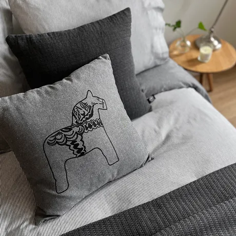 Recycled Cushion Cover Sjurberg, Black Embroidery, Dark Grey/Grey