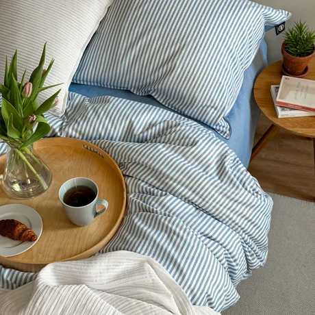 Recycled Duvet Cover Set Elias, 2-parts, Light Blue/White