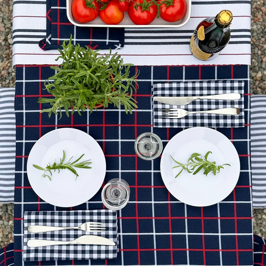 Recycled Tablecloth Lysekil, Navy Blue/Red/White
