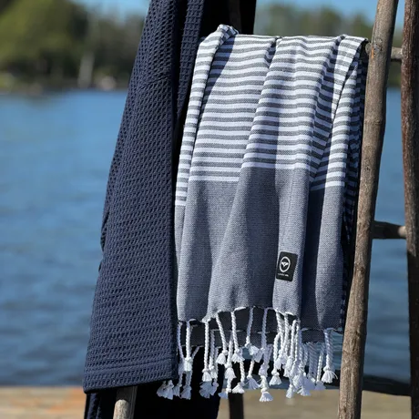 Recycled Bath Sheet Hamam Grebbestad, Navy Blue/White