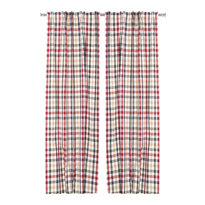 Recycled Curtain Panel 2-pack Ruth, Dark Red/Olive Green/Dark Grey