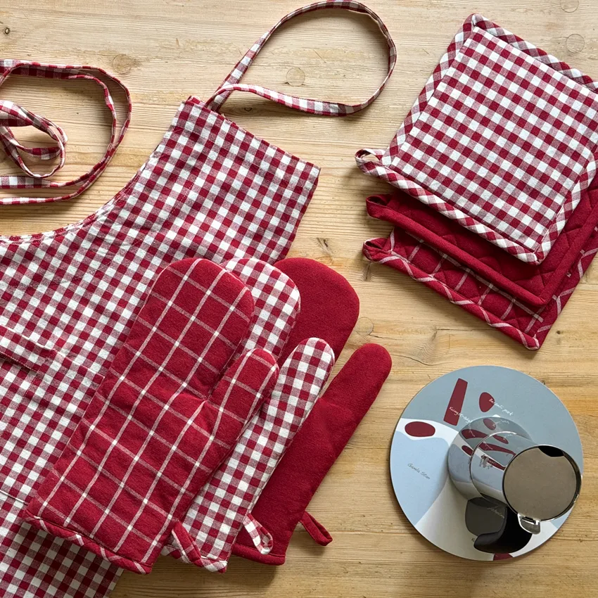 Delantal Reciclado Ulla Cuadros, Rojo oscuro/Beige