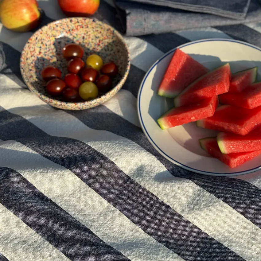 Mantel reciclado Sam, Azul marino/beige