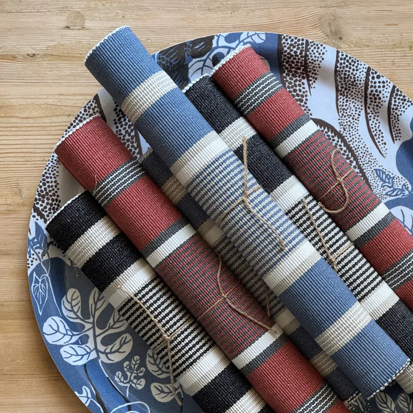 Reciclado Caminos de mesa Greta, Azul grisáceo/Lino