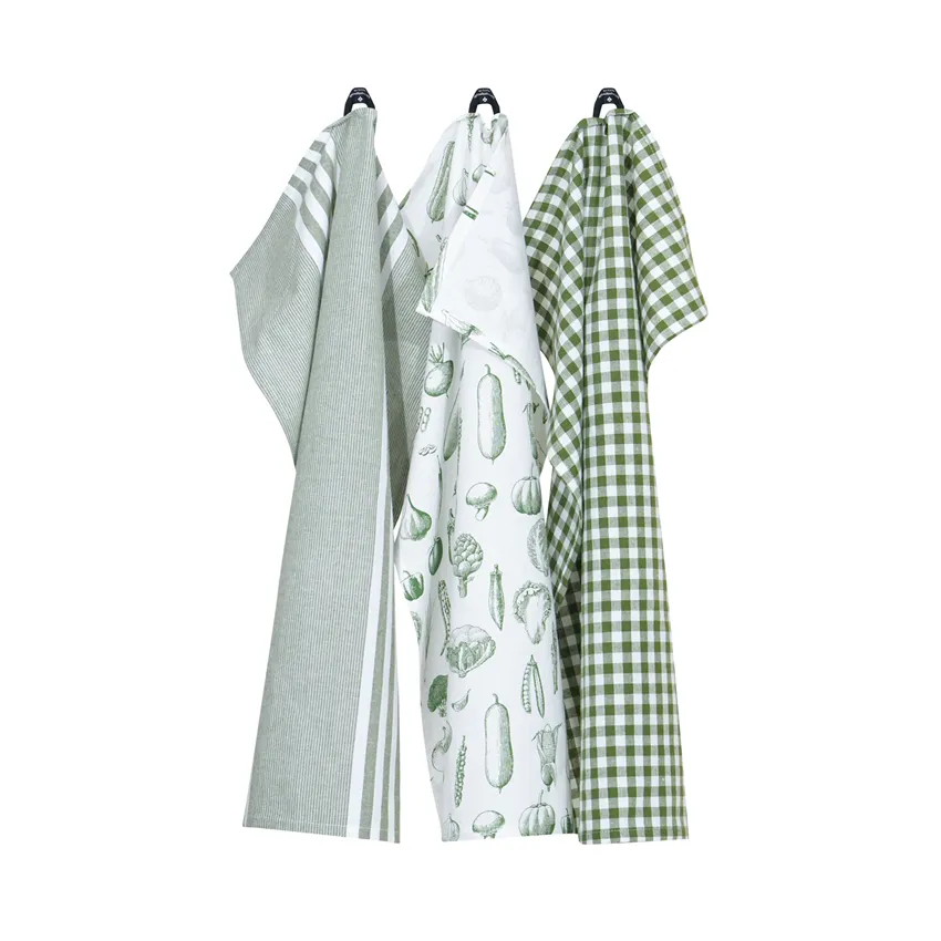 Paño de cocina reciclado Linnea, Pack de 3, Verde/Blanco