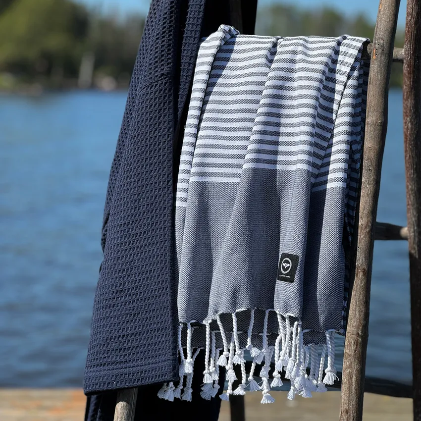 Riciclato Hamam Telo bagno Grebbestad, Blu navy/Bianco