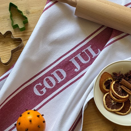 Återvunnen Kökshandduk God Jul, Mörkröd/Vit