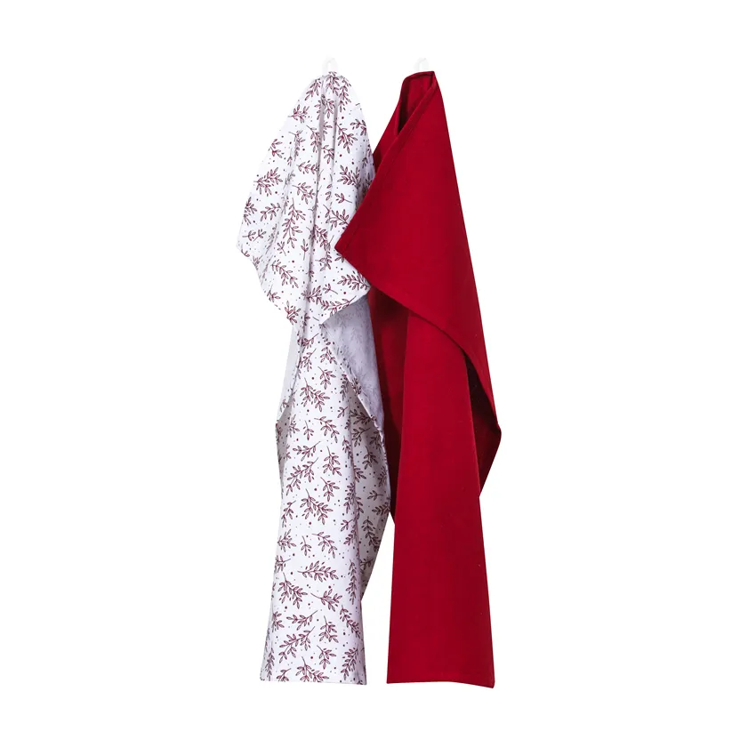 Återvunnen Kökshandduk 2-pack Flora, Vit/Mörkröd