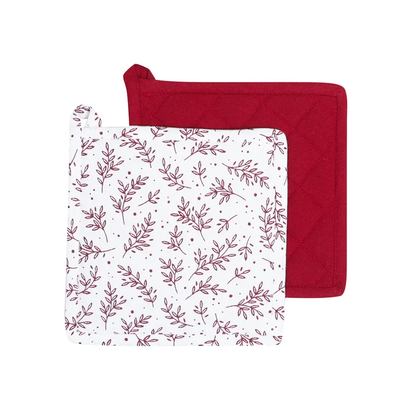 Återvunnen Grytlapp 2-pack Flora, Vit/Mörkröd