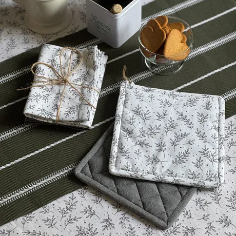 Återvunnen Grytlapp 2-pack Flora, Vit/Mörkgrå