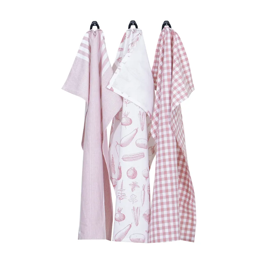 Återvunnen Kökshandduk Linnea, 3-pack, Ljusrosa/Vit