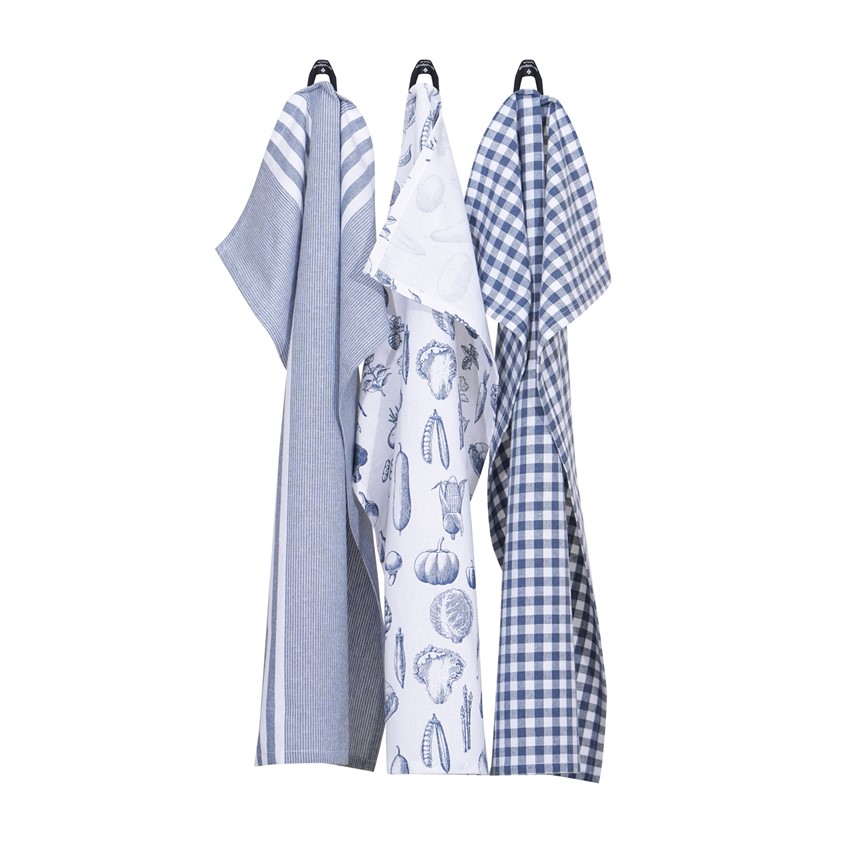 Återvunnen Kökshandduk Linnea, 3-pack, Gråblå/Vit