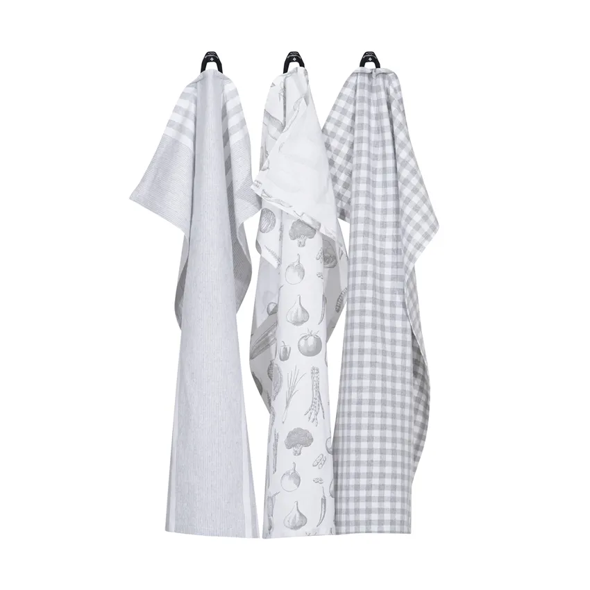 Återvunnen Kökshandduk Linnea, 3-pack, Ljusgrå/Vit