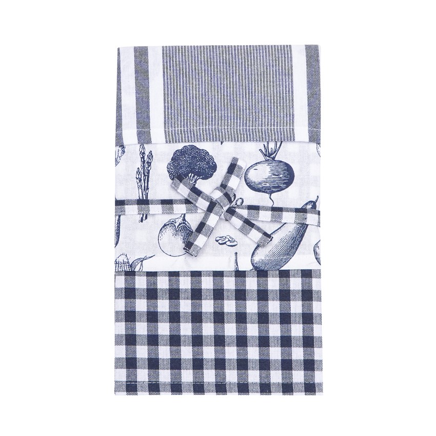 Återvunnen Kökshandduk Linnea, 3-pack, Marinblå/Vit