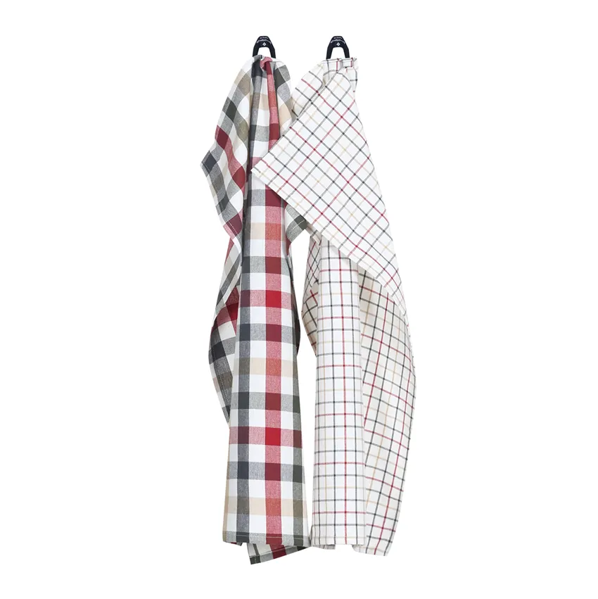 Återvunnen Kökshandduk 2-pack Ruth, Mörkröd/Olivgrön/Mörkgrå